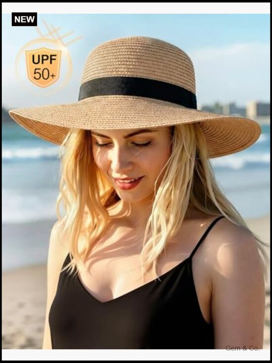 Wide Brim Straw Sun Hat with UV Protection Adjustable Packable main image 7